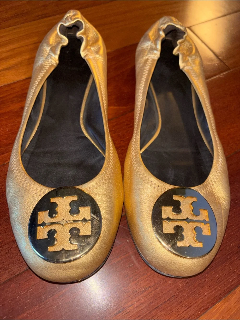 Tory Burch Metallic Gold Leather Logo Ballet Flats